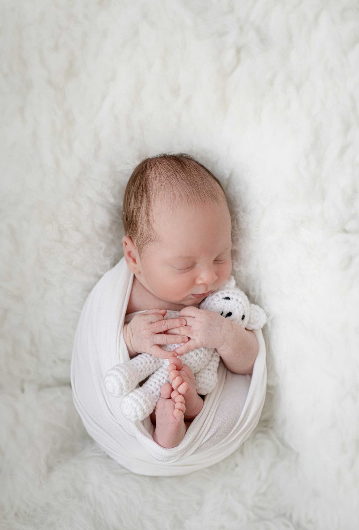 grand rapids newborn photographer baby white wrap lamb toy